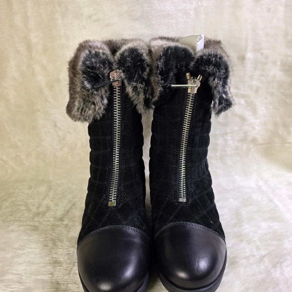 Aquatalia Quilted Mid Calf Snow Boots Faux Fur Trim Black Front Zip Women 7